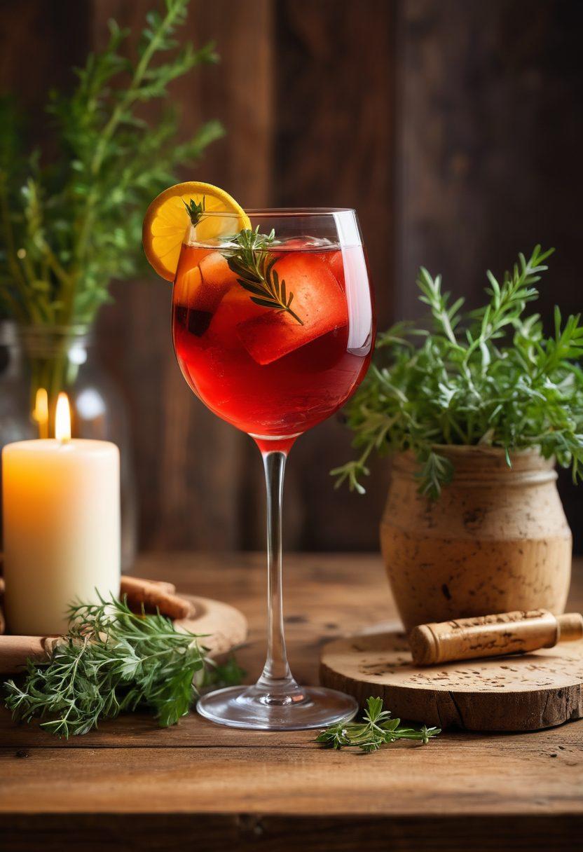 An elegant wine glass filled with a vibrant cocktail, surrounded by corks and fresh herbs. Incorporate soft, ambient lighting to create a cozy atmosphere, with a backdrop of a rustic wooden table. Include delicate self-care items like scented candles and essential oils to evoke the theme of personalized pampering. super-realistic. warm colors. cozy ambiance.
