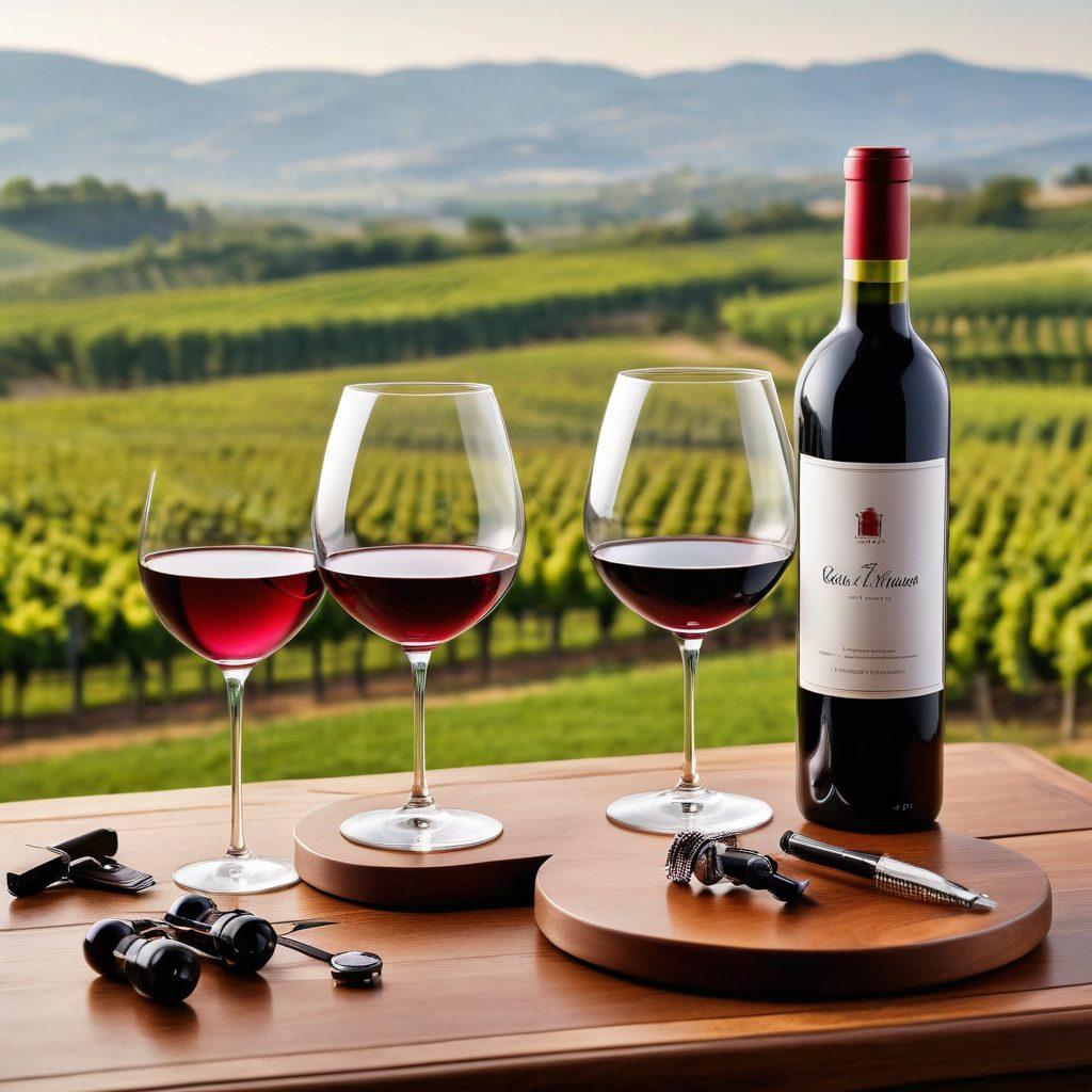 A sophisticated wine tasting setting with elegant glasses of red and white wine on a polished wooden table. Include grooming essentials like a stylish pair of cufflinks, a chic watch, and a sleek hair comb beside the wine. The background features a luxurious vineyard scenery, adding to the ambiance of refinement and style. super-realistic. vibrant colors. elegant lighting.