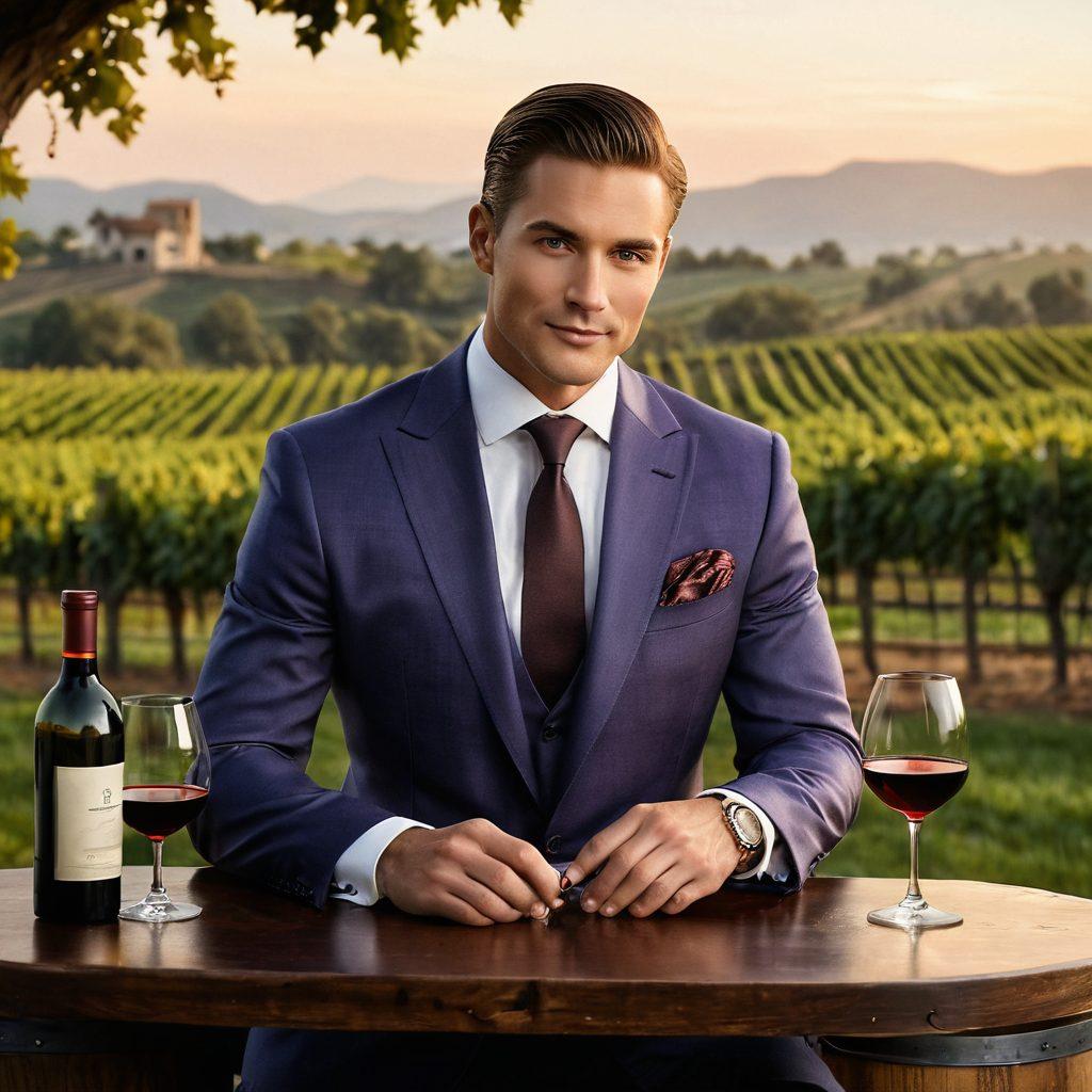 An elegant scene featuring a well-groomed individual savoring a glass of wine, set against a backdrop of a sophisticated vineyard. Show personal grooming essentials like a sleek razor, premium cologne, and stylish grooming kit nearby. Soft, warm lighting enhances the inviting ambiance, while grapes and wine barrels add depth. The individual exudes confidence and luxury. super-realistic. vibrant colors. warm tones.